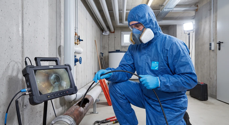Technicien en combinaison bleue de protection chimique niveau 2, portant un masque et des gants, manipulant un flexible de caméra endoscopique pour inspection de canalisation endommagée. À ses côtés, un boîtier de contrôle portable affichant la vidéo d'inspection de la fuite d'eau détectée à l'intérieur de la canalisation. Environnement de sous-sol ou local technique en béton, ambiance professionnelle et sérieuse.