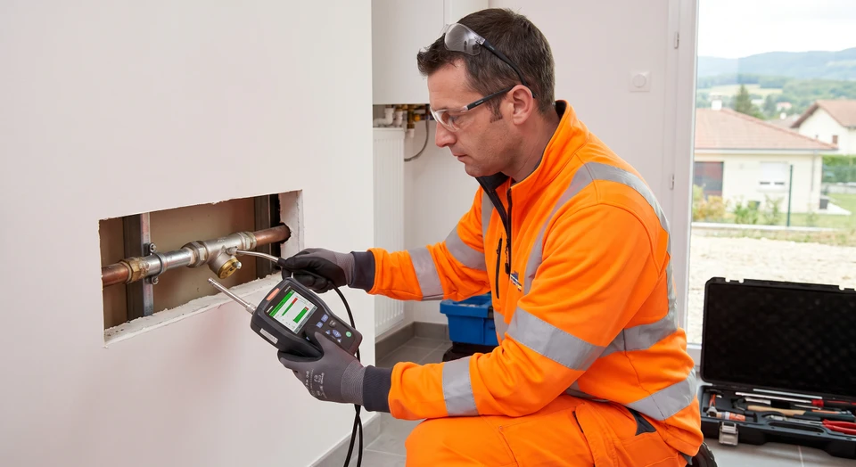 Technicien tenant un détecteur portatif de gaz traceur au niveau d'une canalisation métallique encastrée dans un mur intérieur, localisant une fuite d'eau via la détection du gaz injecté préalablement dans la tuyauterie.