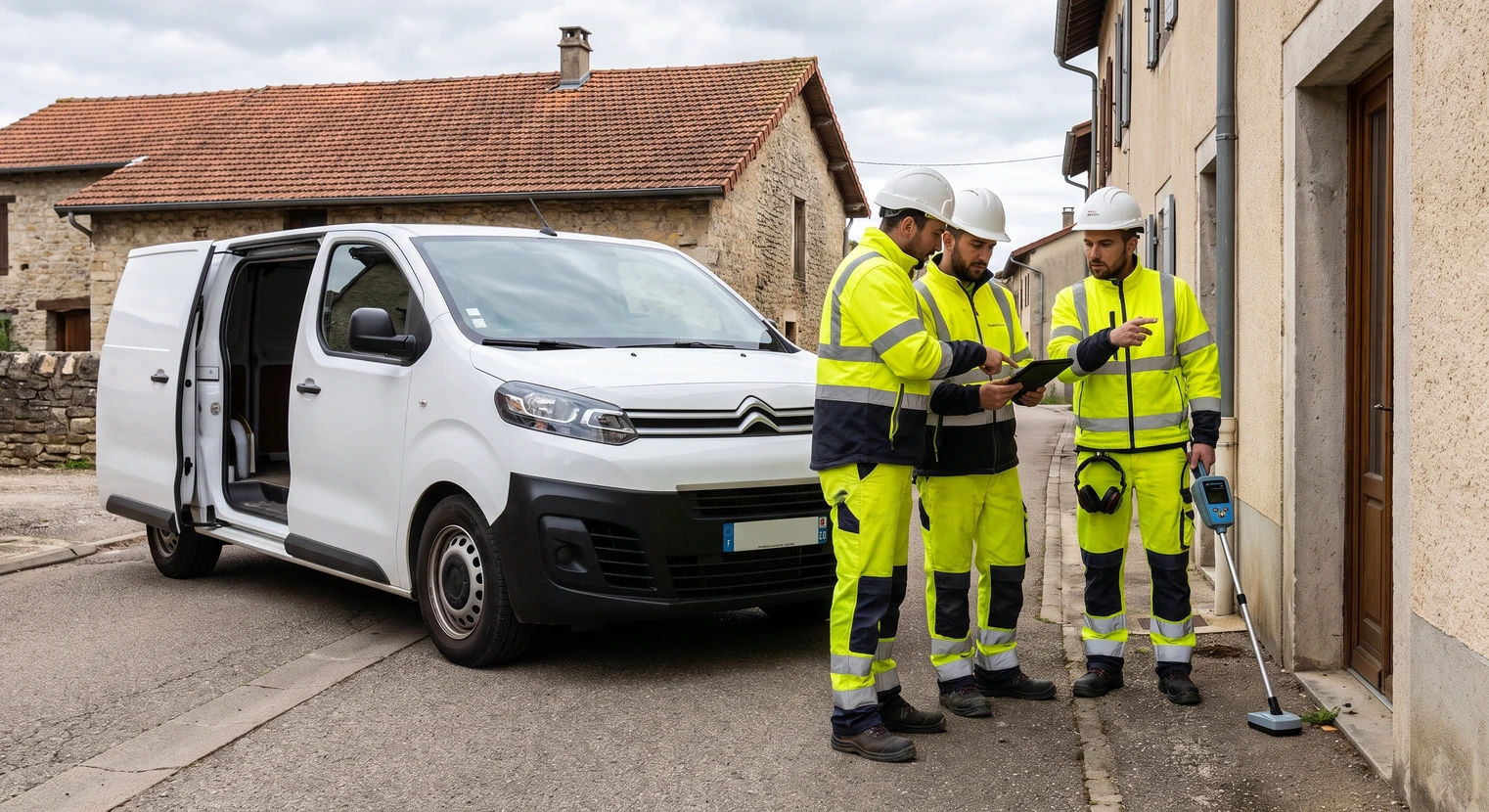 Équipe de trois techniciens en tenue de travail et équipement de sécurité se coordonnant rapidement à proximité d'un camion d'intervention blanc, l'un d'eux tenant un détecteur de fuites électronique portable, face à une façade ou entrée de bâtiment. Ambiance d'intervention urgente.