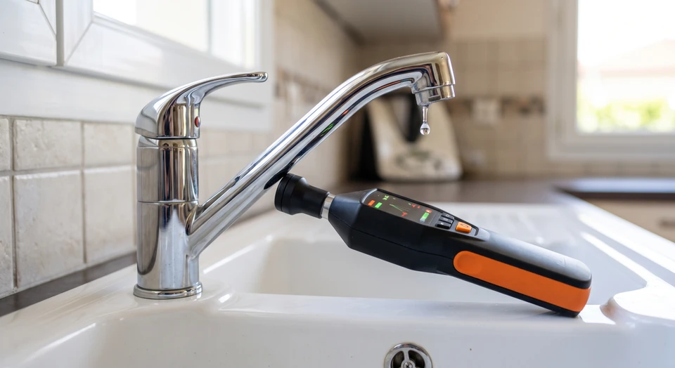 Robinet de cuisine chromé au-dessus d'un évier blanc, avec une goutte d'eau en train de tomber du bec verseur, et un détecteur acoustique de fuites d'eau noir et orange positionné à proximité du robinet pour localiser la fuite. Gros plan sur l'équipement de diagnostic professionnel.