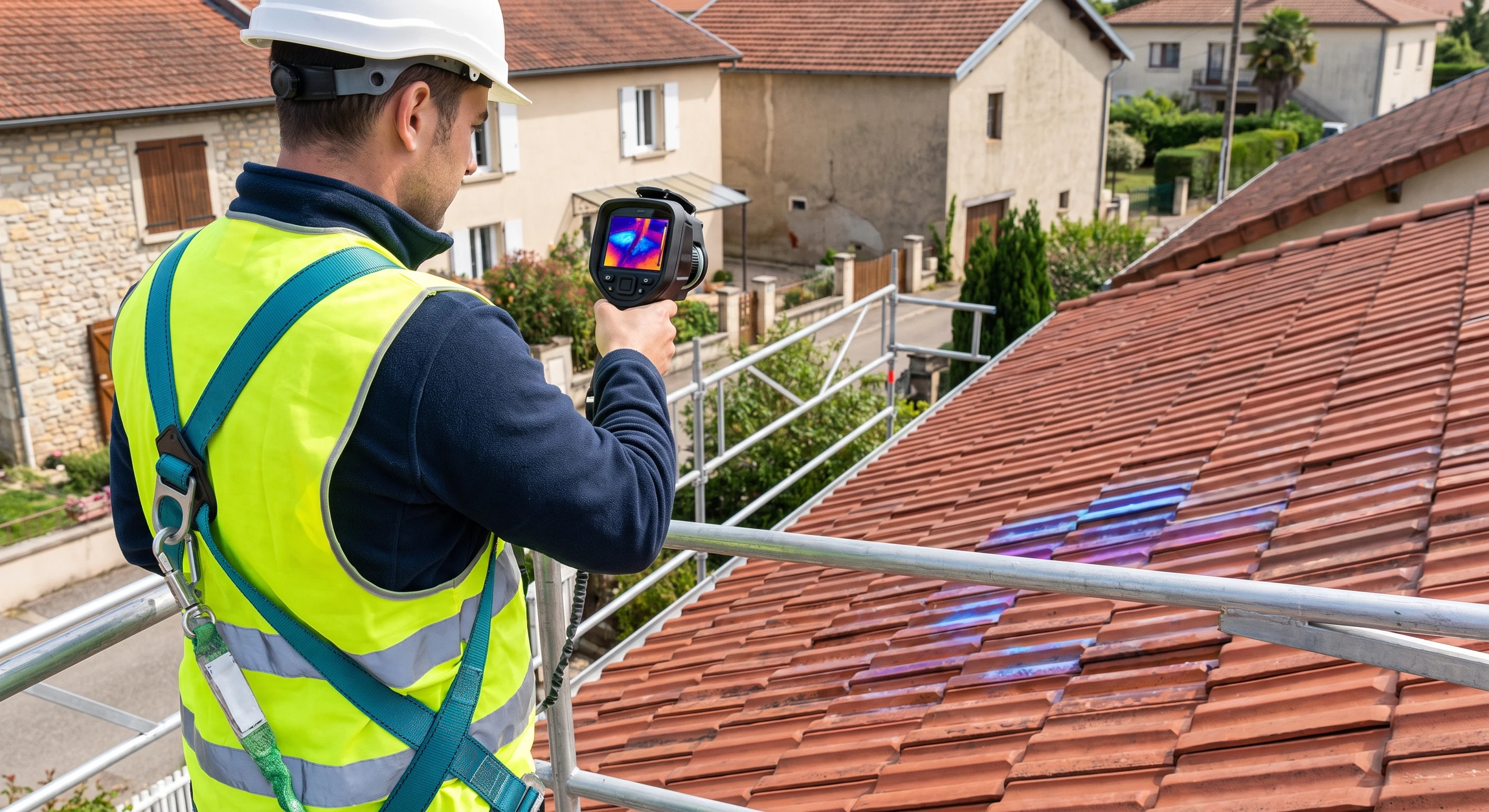 Technicien en équipement de protection individuelle (gilet, casque) pointant une caméra thermique infrarouge vers une toiture en tuile rouge d'une maison, la caméra révélant des zones de teinte différente indiquant une infiltration d'eau invisible à l'œil nu, contraste thermique sur la surface tuilée mouillée ou froide.