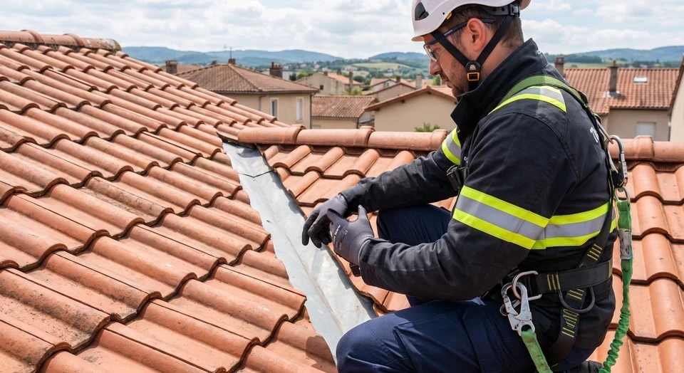 Technicien en tenue de travail sur une toiture inspectant une jonction ou zone suspecte avec un équipement portatif de détection (caméra thermique infrarouge ou détecteur de fuites), cherchant à identifier une infiltration d'eau. Toiture visible en arrière-plan, gestes d'expertise et de diagnostic en évidence.