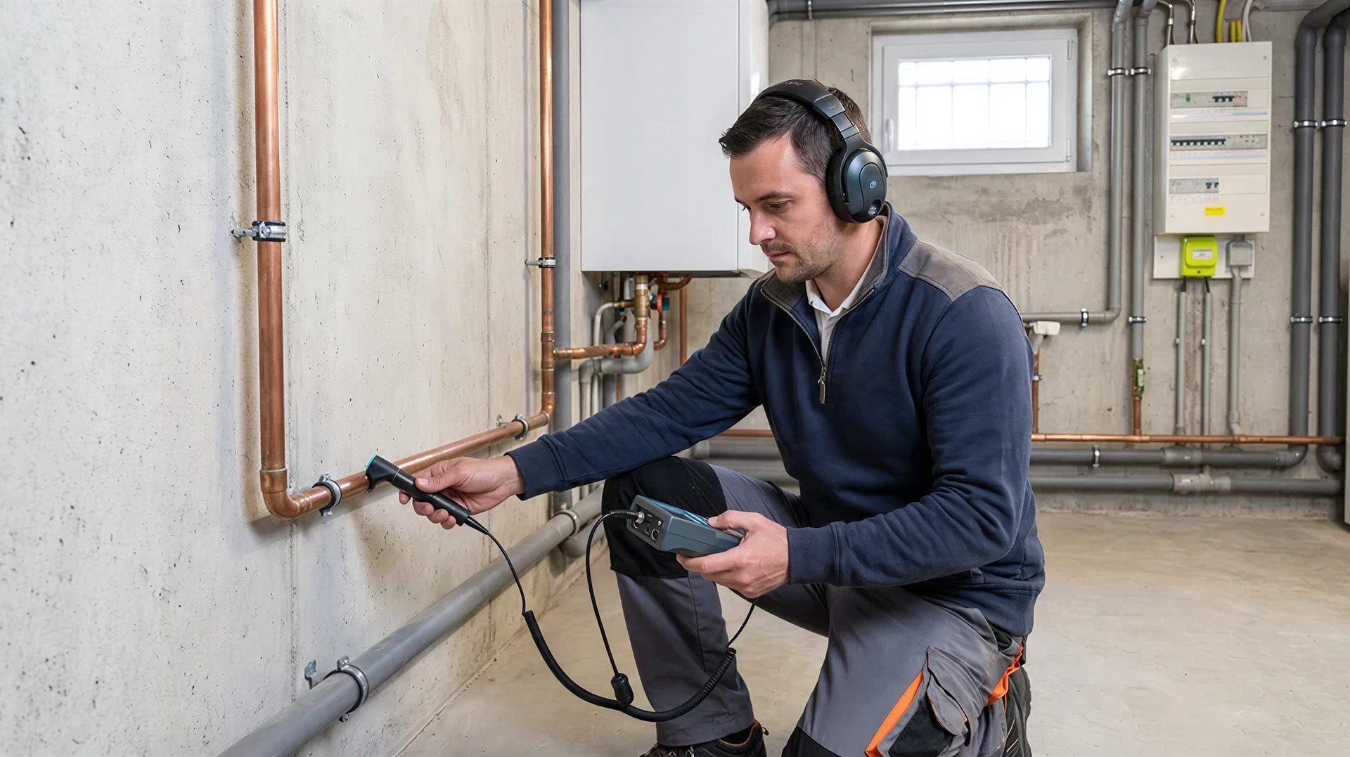 Technicien en tenue professionnelle utilisant une caméra endoscopique pour inspecter l'intérieur d'une canalisation d'eau. Le câble souple de l'endoscope pénètre dans le tuyau, l'écran portable affichant l'image endoscopique. Arrière-plan montrant un chantier de diagnostic professionnel, matériel technique visible, focus sur la précision du diagnostic de fuite.