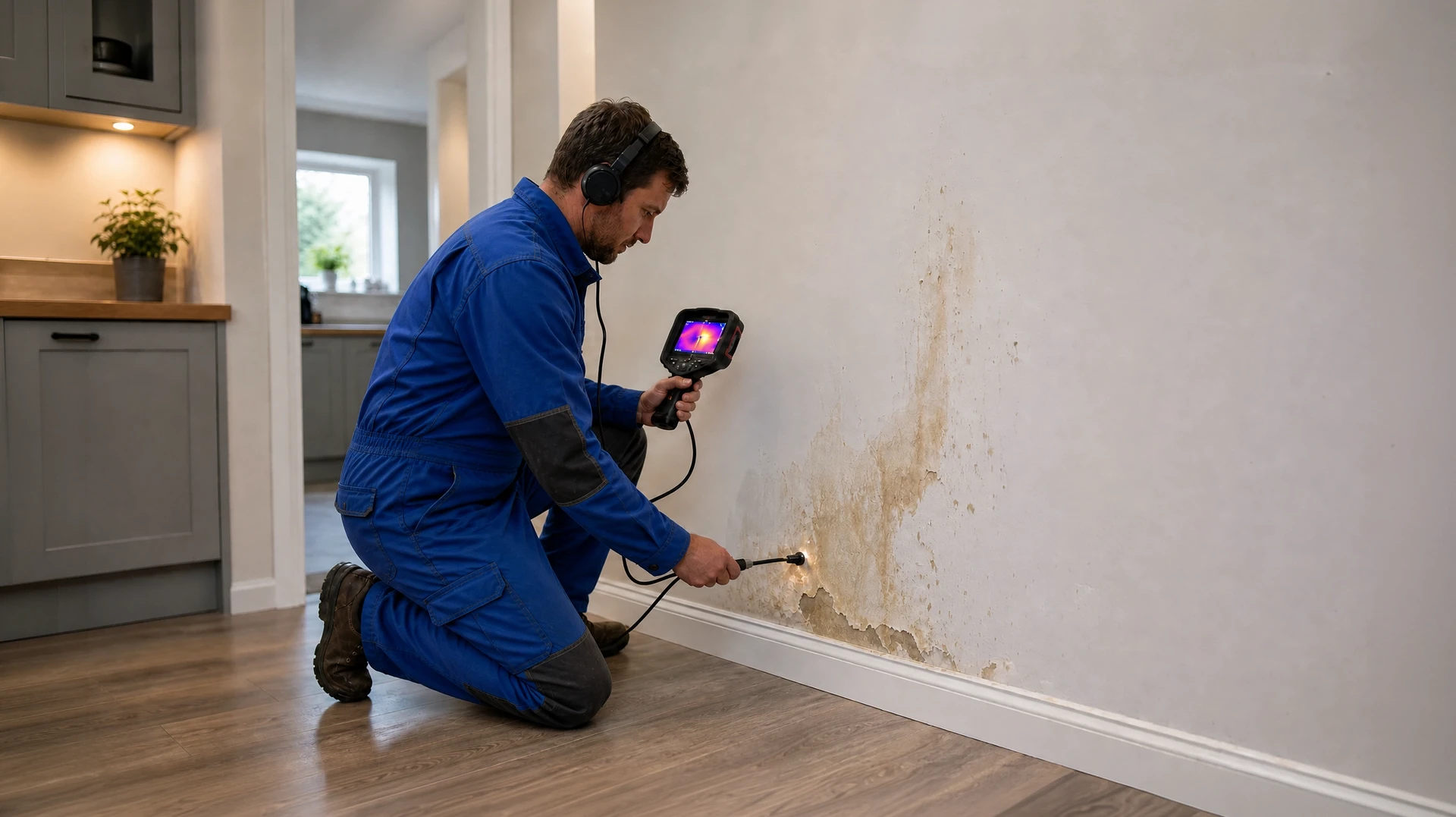 Technicien en combinaison de travail utilisant une caméra thermique infrarouge professionnelle pointée vers une canalisation apparente sur un mur intérieur humide, pour détecter une infiltration d'eau invisible, image nette et réelle de détection de fuite.